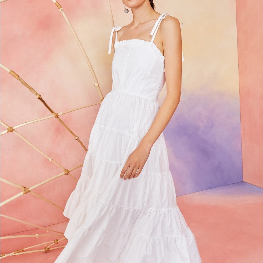 Ulla Johnson Ellyn Midi Tiered Cotton Poplin Dress Tie Straps Eryn